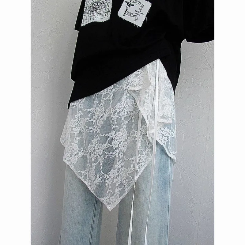 2025 Korean Style Irregular  Lace Skirt Ties Layered Overskirt Apron Design Sheer Chiffon High Waist Pencil Skirt Wrap Bottom