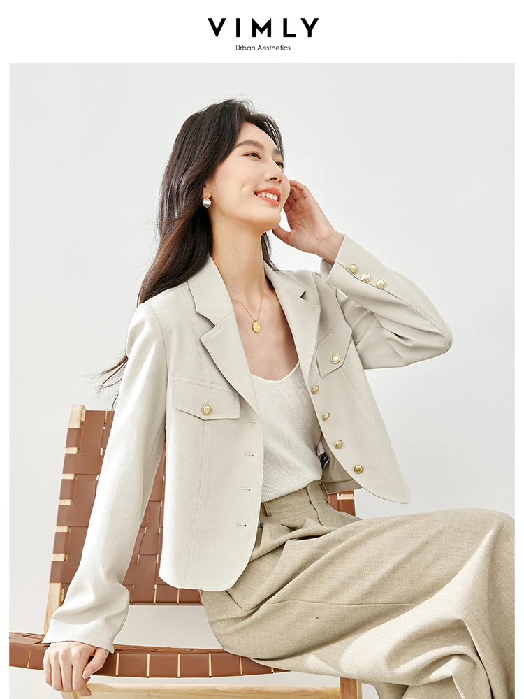 Vimly Women Cropped Blazer 2024 Spring Clothes Notched Single Breasted Short Tailored Coat Business Office Suit Jacket M5160