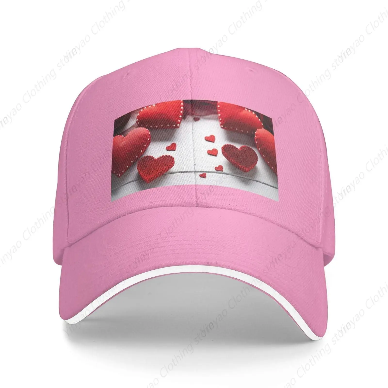 

Handmade Red Heart Printed Truck Cap Adjustable Baseball Cap Outdoor Activity Sandwich Duckbill Cap White