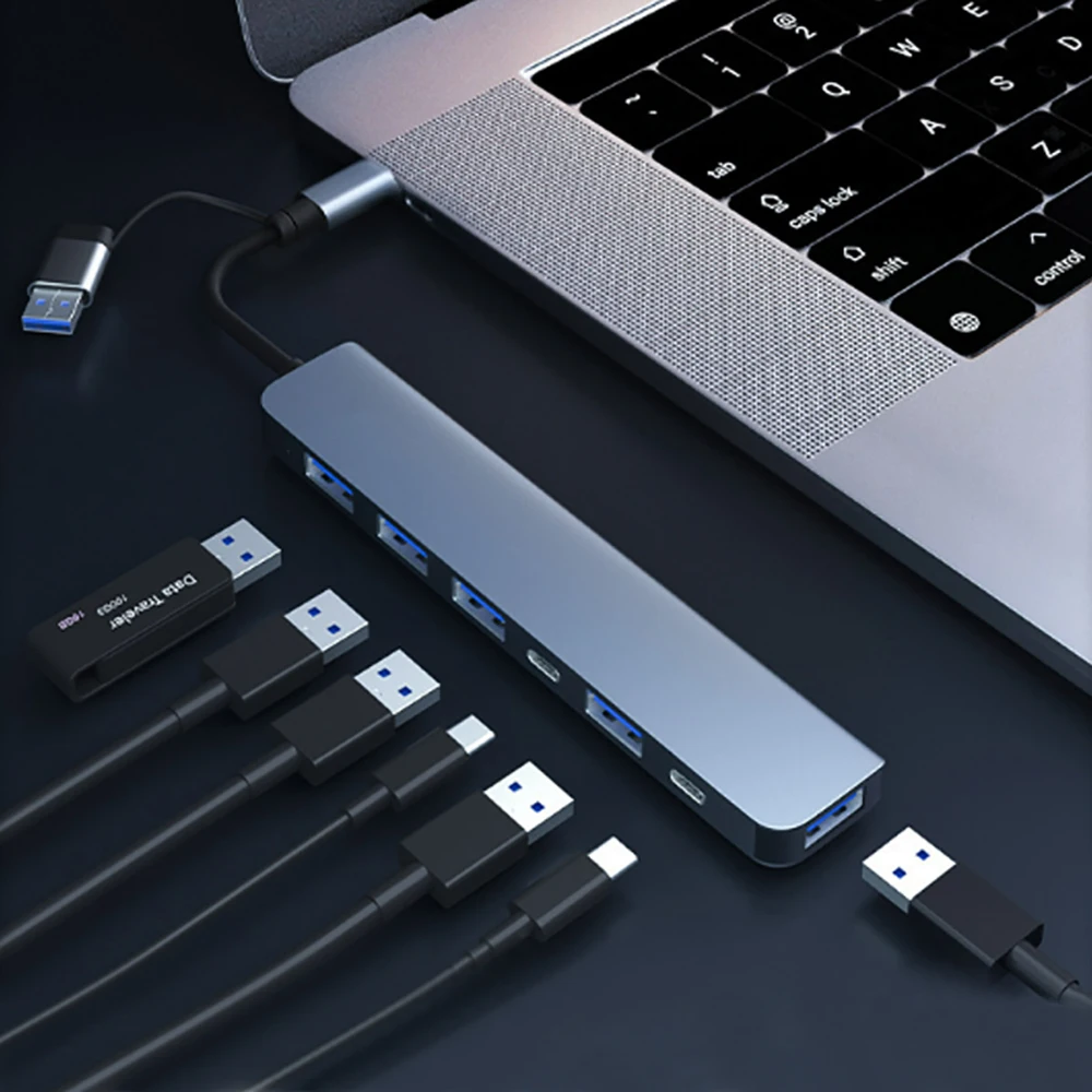 

Dual Plug USB Type C HUB 7 Ports USB 3.0 2.0 Data Charing Dock Disk Card Reader Cable Splitter 5W USB C Charging Adapter