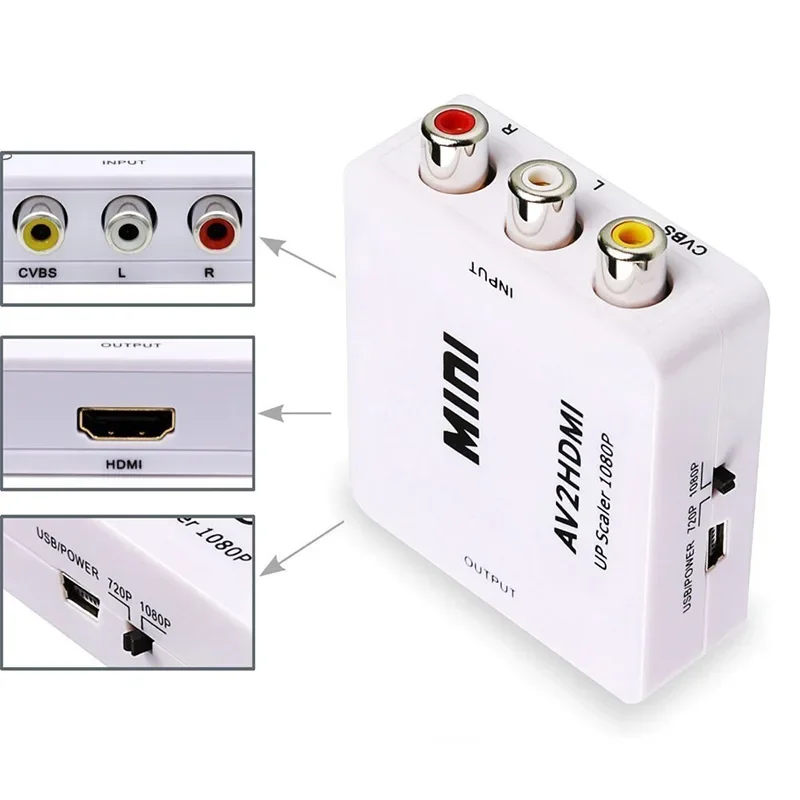 HDMI To AV RCA Adapter HDMI Converter MINI Box RCA AV CVSB LR Video Composite AV Scaler Converter For PC HDTV Projector