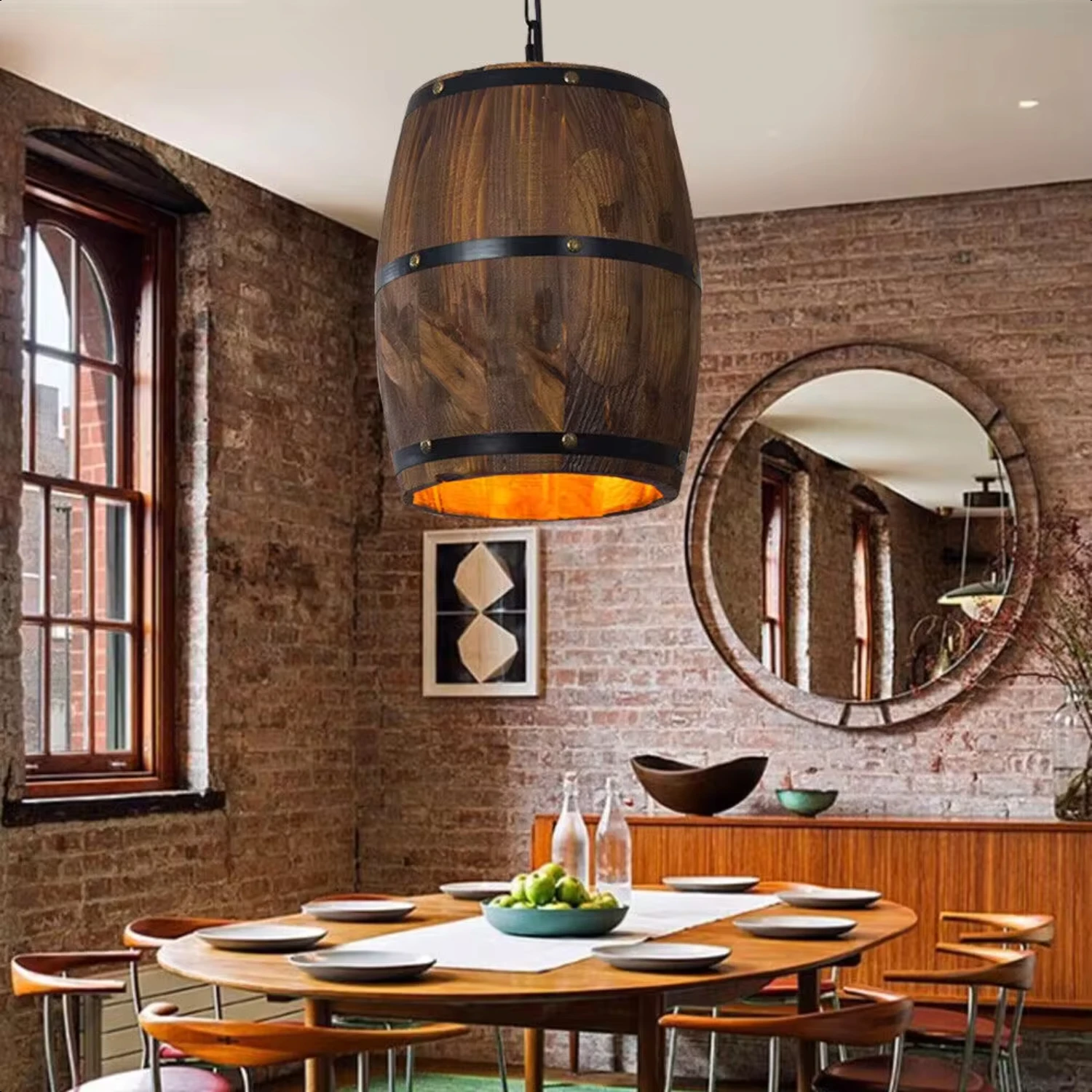 

LOYALHEARTD Retro Wine Wood Barrel Hanging Lamp Industrial Cafe Pendant Lamp Ceiling Light Fixture