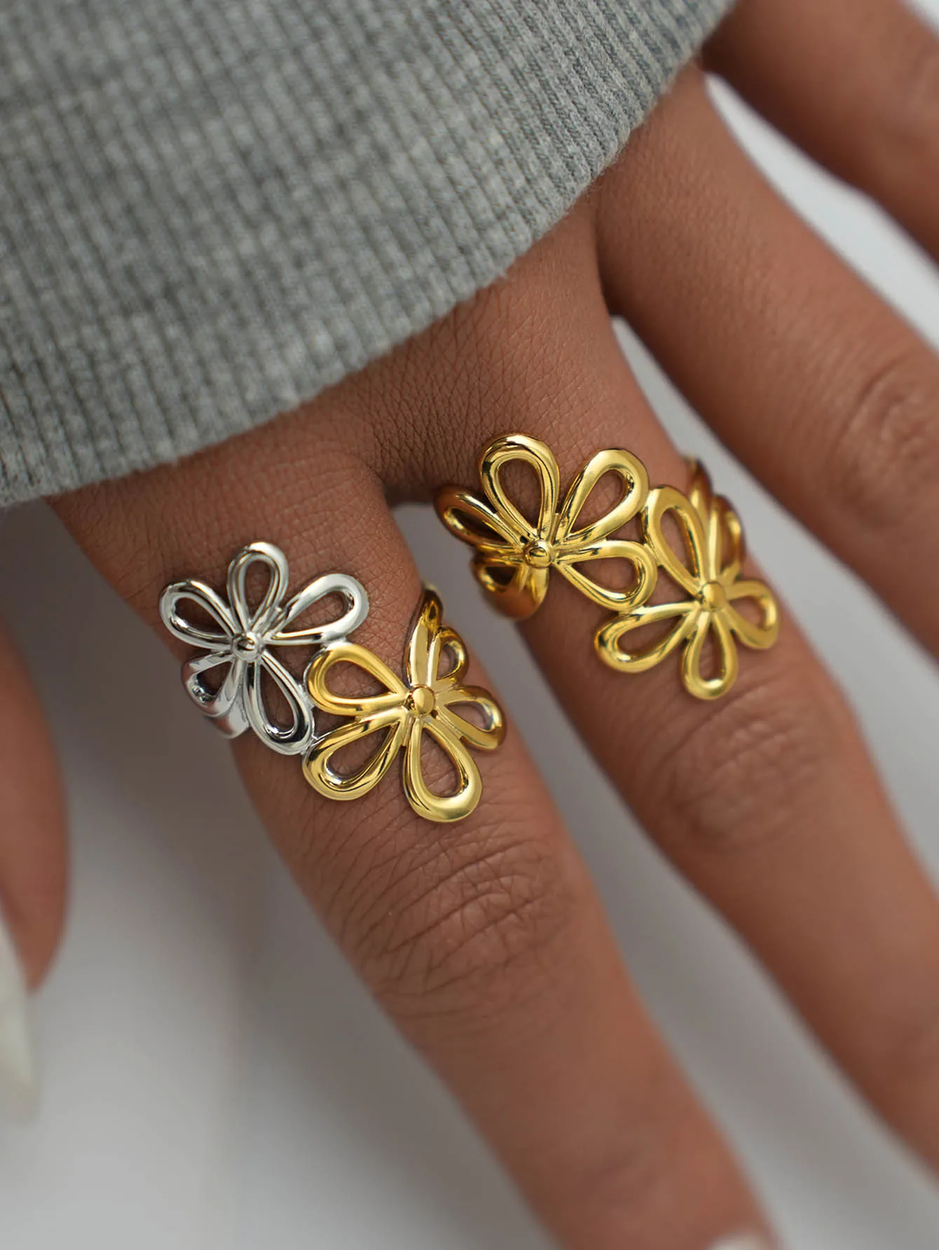 Irregular Flower Geometric Hollow Adjustable Open Rings For Women Stainless Steel Metal Trendy Charm Jewelry Accessories Gift - Image 5