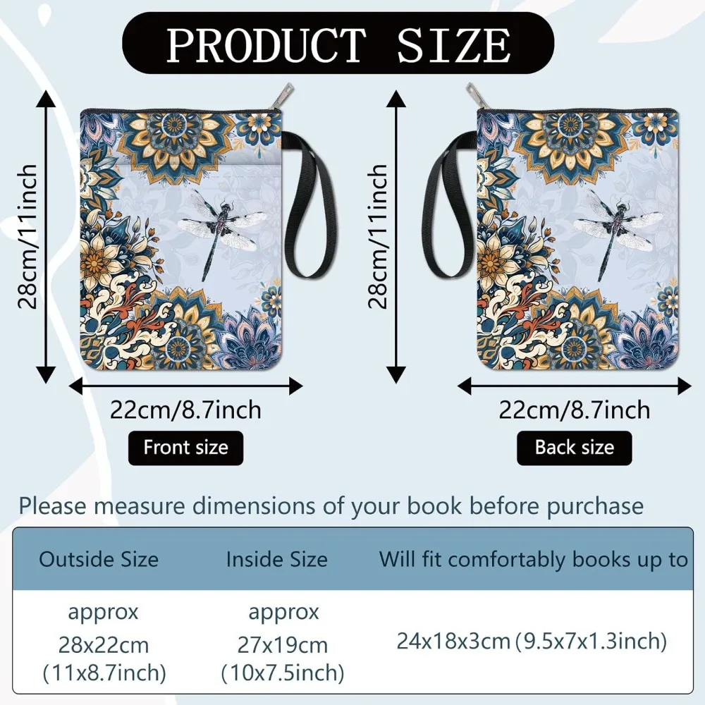 Dragonfly Book Covers Vintage Book Sleeve Datura Book Protector for Paperbacks Washable Fabric Cloth Book Cover with Zipper