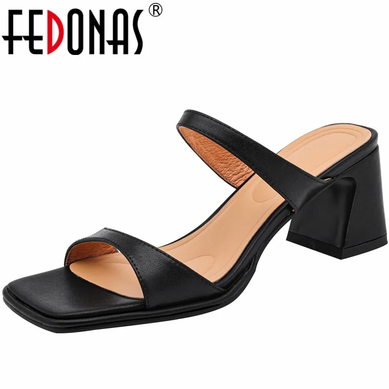 FEDONAS Elegant Summer Slippers Women Sandals Thick High Heels Office Ladies Party Shoes Woman New Arrival Genuine Leather Pumps