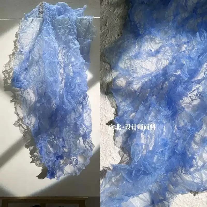Semi‑Sheer Crinkle Organza 3D Pleated Textured Fabric Purple‑Blue & Pink Color Option Fancy Designer Cloth for Fashion Garment