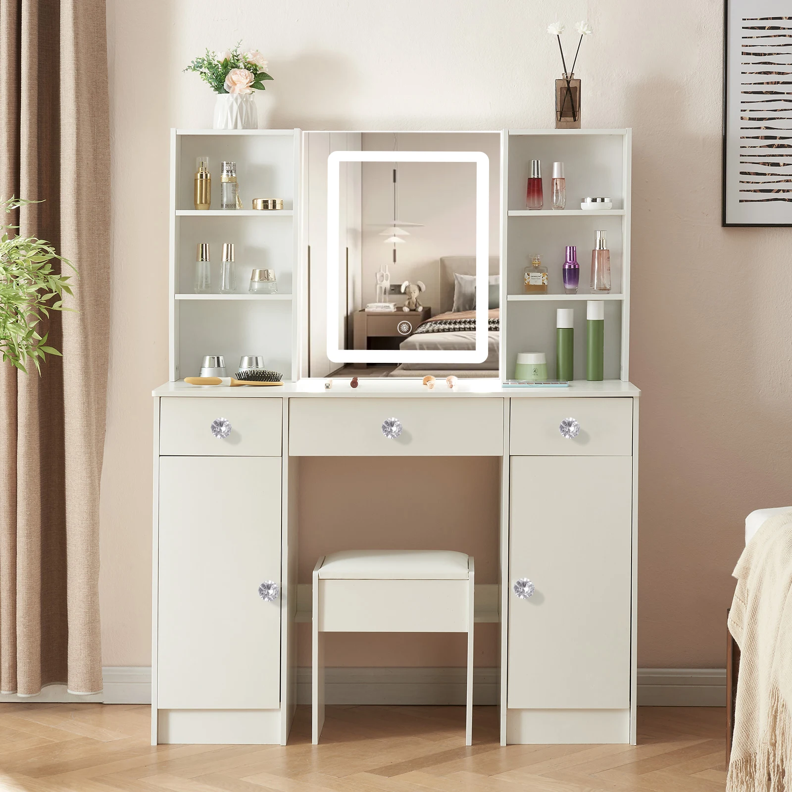 مكتب زينة من الخشب الطبيعي البسيط - مرآة LED قابلة للتعتيم، 3 مستويات سطوع وأدراج مقسمة #3