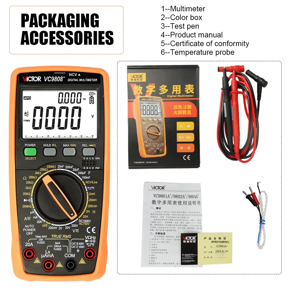 Victor NEW VC9804A+ Large Screen Backlit LCD Display with a Maximum Display of 1999 DIGITAL MULTIMETER