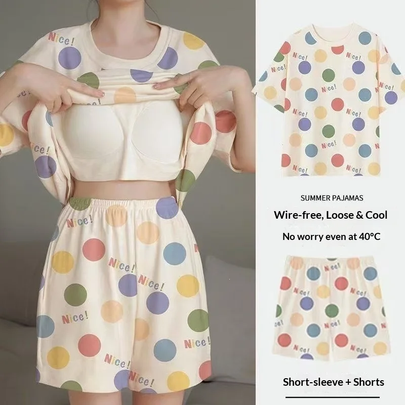 Summer Women's Short Sleeved Pajamas with Chest Cushion Home Suit Set, Polka Dot Round Neck Shorts Pajamas Home Suit Set