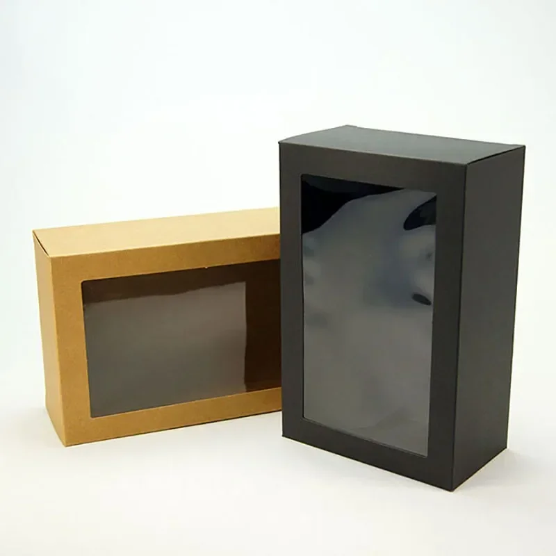 6pcs Rectangle Kraft Paper Box Christmas Gift Packaging Boxes With Clear Window New Year Wedding Party Cookie Candy Cake Boxes