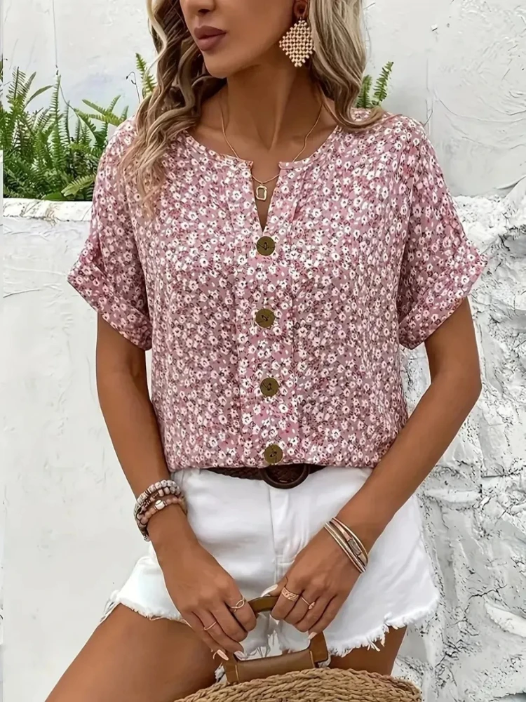

Plus Size Women's Shirts 2025 Spring Summer New Fashion Casual Floral Printing V-Neck Short Sleeve Blouses Korean Style Clothing
