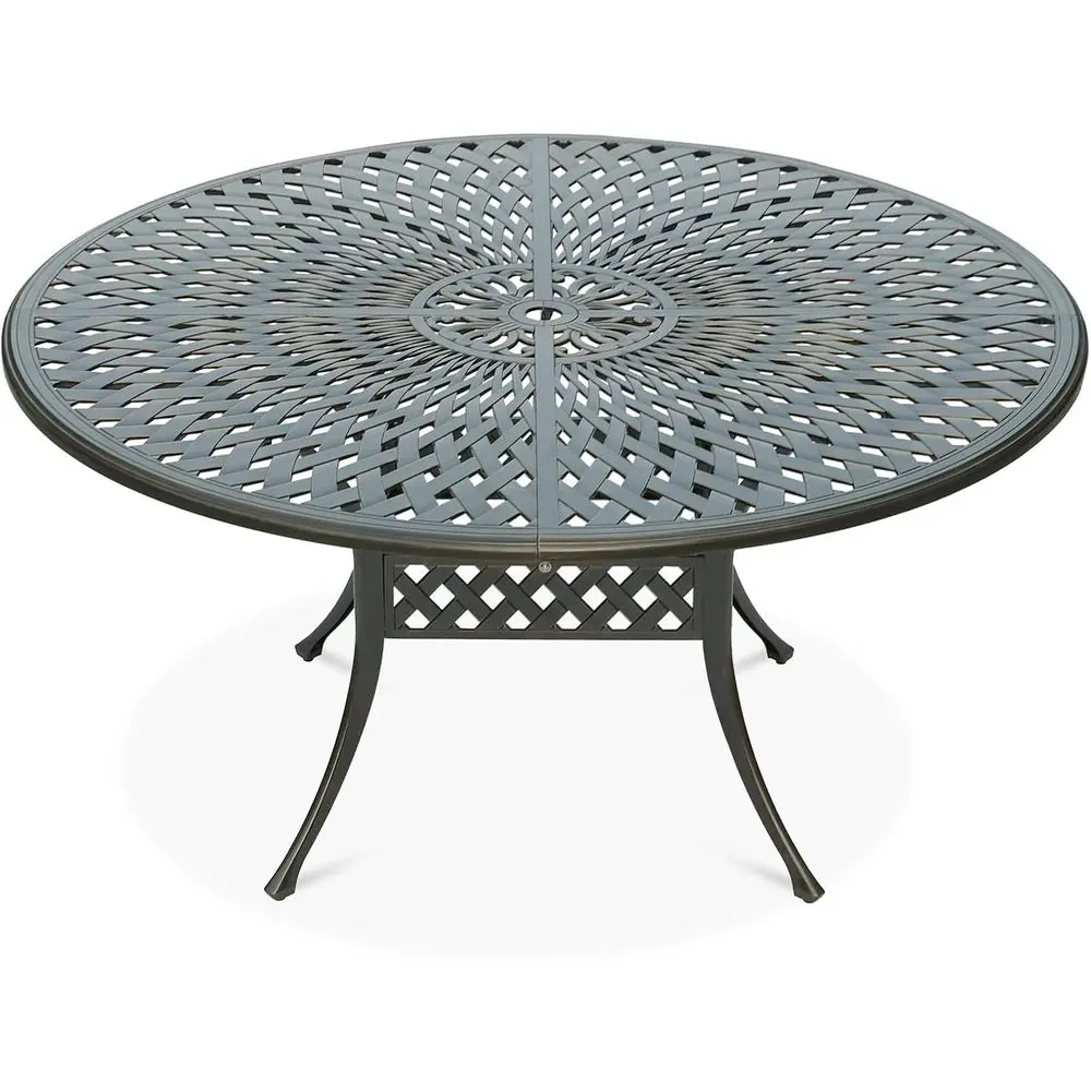 

61 Outdoor Round Dining Table, 6-8 Seater, Bronze Cast Aluminum Rustic Patio Furniture with Umbrella Hole