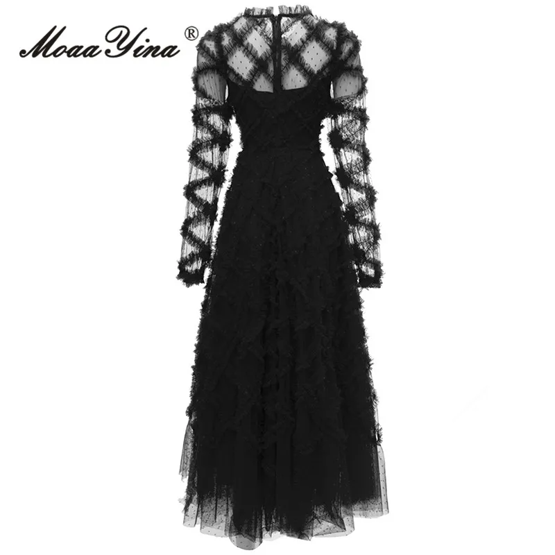 MoaaYina Summer Fashion Runway Black Vintage Mesh Dress Women Lantern Sleeve Ruffles High Waist Polka Dot Print Slim Long Dress