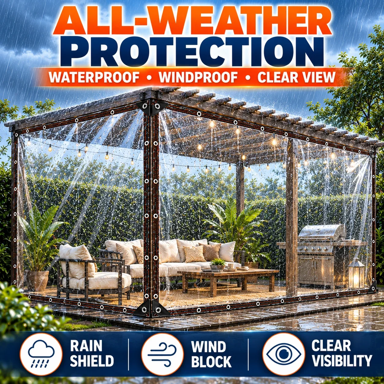 Clear Waterproof PE Tarpaulin Heavy Duty Transparent Greenhouse Tarp Rain Snow Windproof Cover with Grommets Reinforced Edge