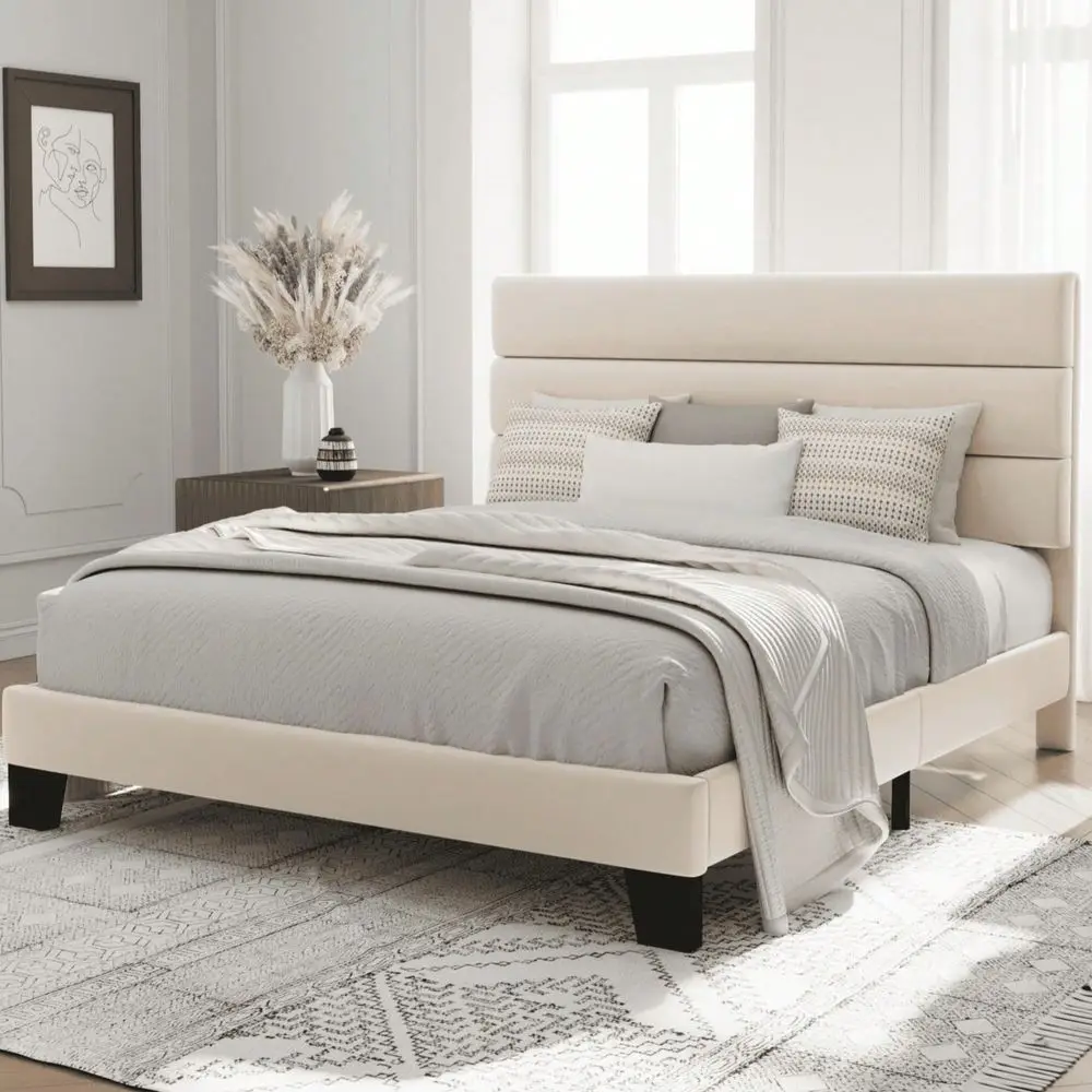 Twin Full Queen King Size Platform Bed Frame With Fabric Upholstered Headboard And Wooden Slats Support, Fully Upholstered Matt