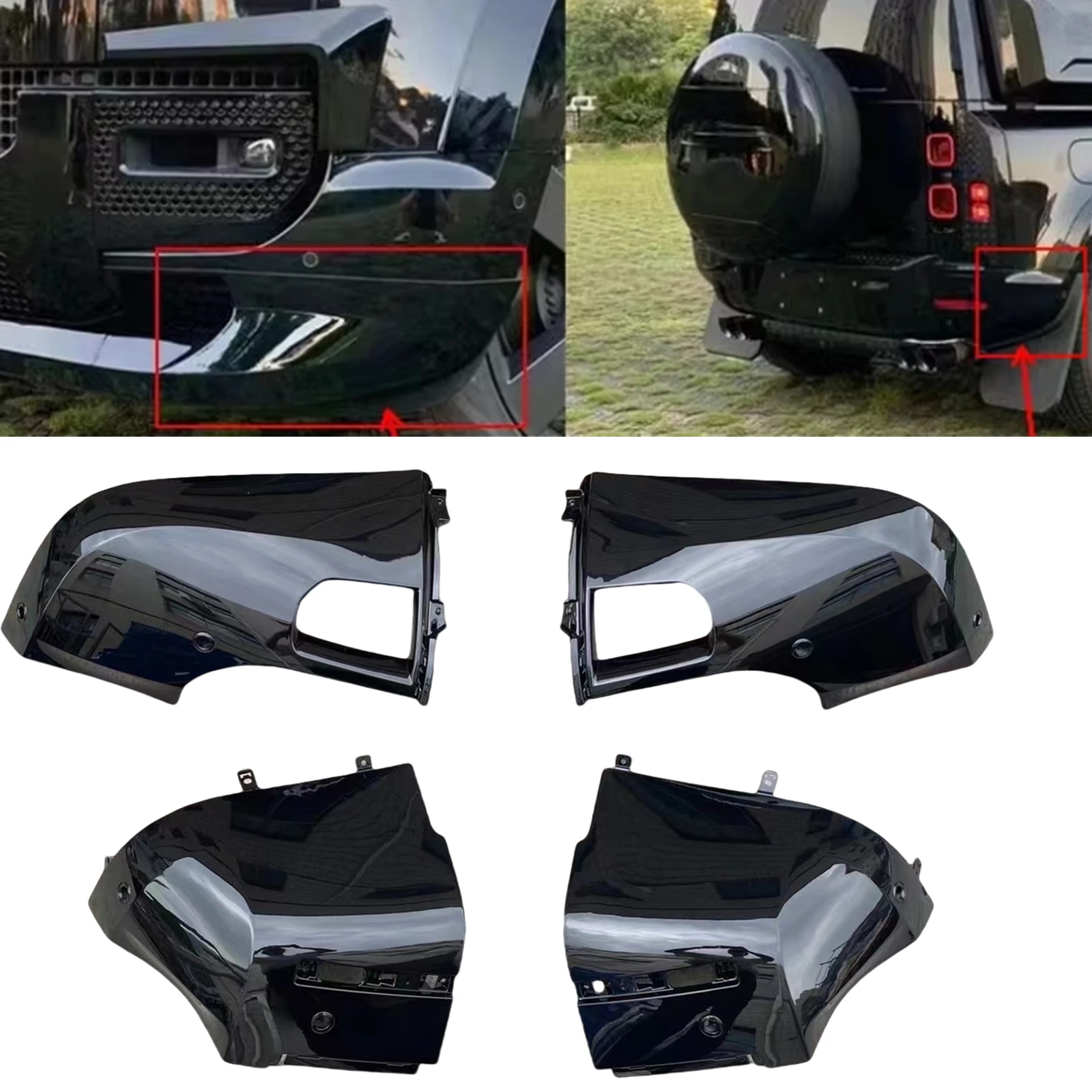 For Land Rover New Defender L663 Front+Rear Bumper Side Spoiler Corner Cover Gloss Black Lower Splitter Protector Guard Plate