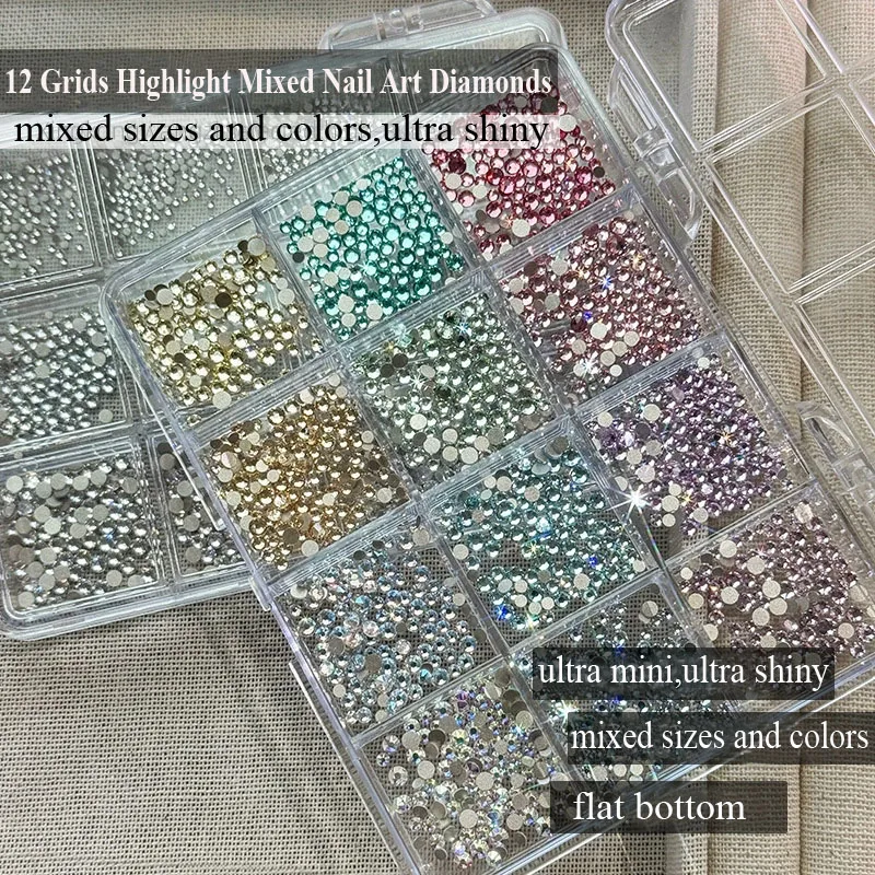 12 Grids 1700pcs Nail Art Diamonds Mixed Sizes Highlight Mini Flat Bottom Nail Rhinestones Nails Decoration Wholesale