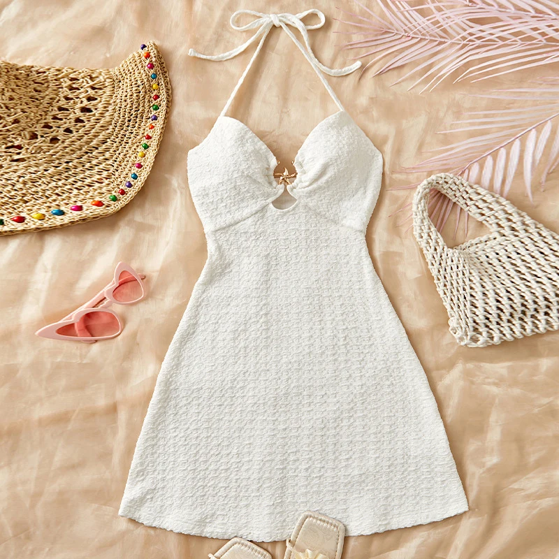 Sexy Halter Neck Dress Women Backless Sumemr Beach White Dress Elegant Slim Vacation Party Evening Gown Chic Mini Vestidos