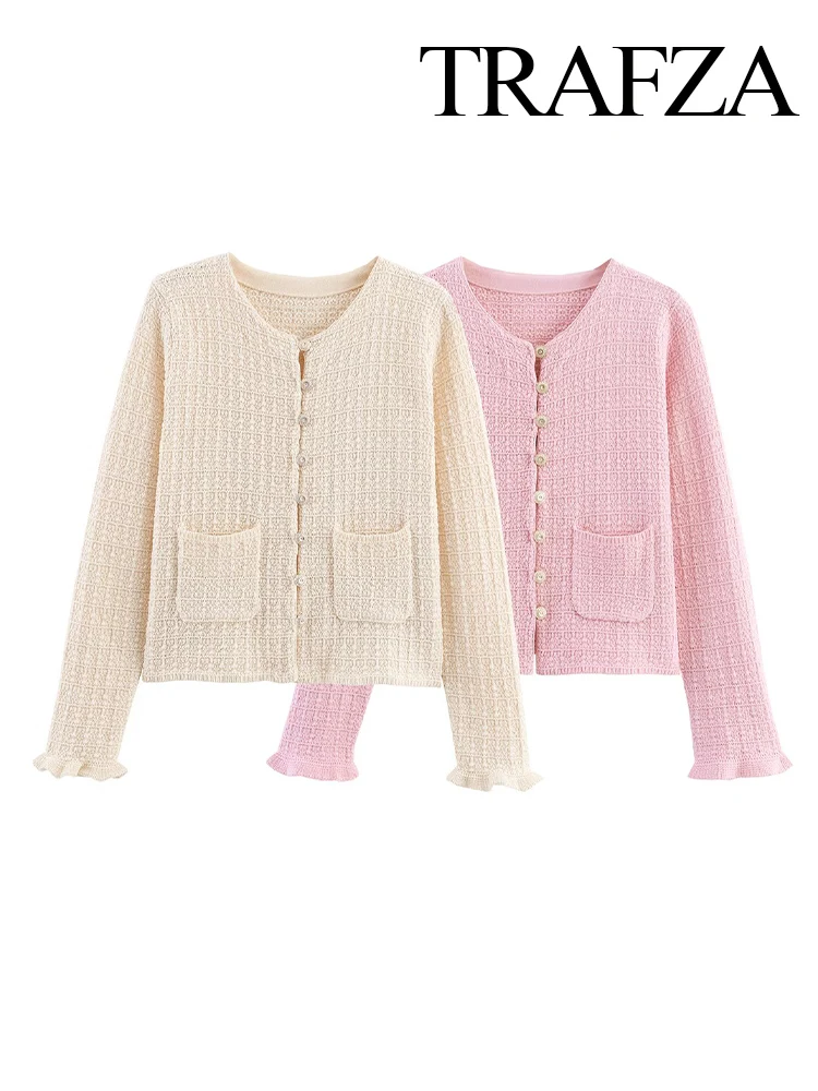 

TRAFZA Women Autumn Fashion Versatile Layered Long-Sleeved Knitted Jacket Female Temperament Single-Breasted Pockets Casual Coat