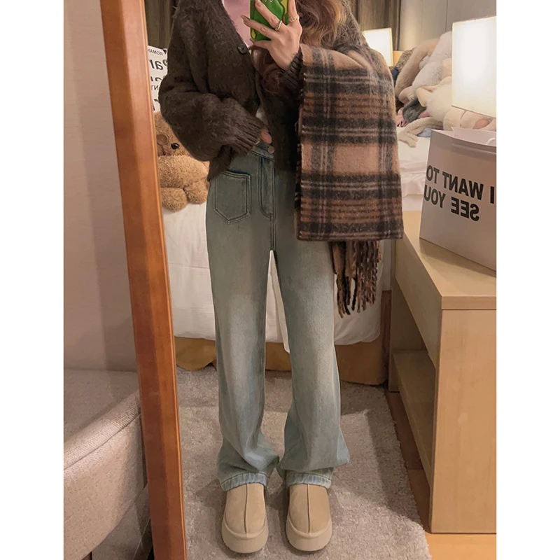 

Yukiss Ретро Fce Lined Thi Высокая Талия Широкие Джинсы Женские Зимние Свободные Тонкие Повседневные Брюки Хлопок Эластичный Джинс