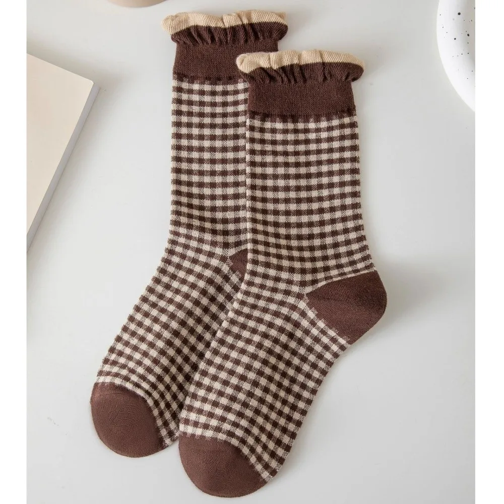 Fashion Slouch Style Mid Calf Socks Plaid Pattern Frill Cuff Long Socks Autumn Winter Ruffle Design Lolita Socks Winter Season