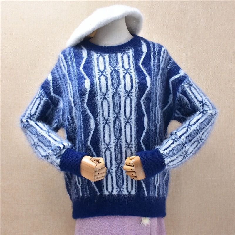 

Women Fashion Striped Hairy Soft Blue Angora Rabbit Hair Knitted O-Neck Long Sleeves Loose Pullover Sweater Jumper Pull Tops