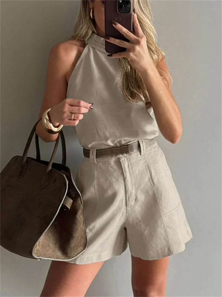 

Commuting Two-Piece Shorts Set For Women Sleeveless Solid 2025 New Halter-Neck Top And High-Waisted Shorts Two-Piece Set
