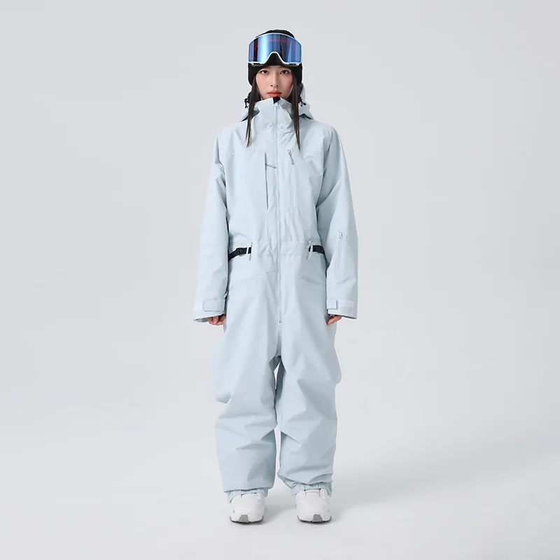 

New Solid One Piece Suits Windproof Baggy Warm Breathable Skiing Hood Snow Sport Jumpsuits Zipper Pocket Adult Snowboarding Sets