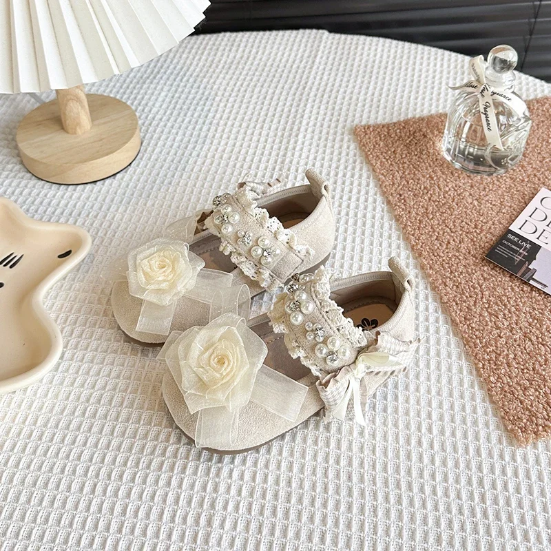 

2025 Autumn New Kids Moccasins with Lace Flowers Sweet Bows Girls Princess Shoes Versatile Children MaryJanes Soft Bottom Cute