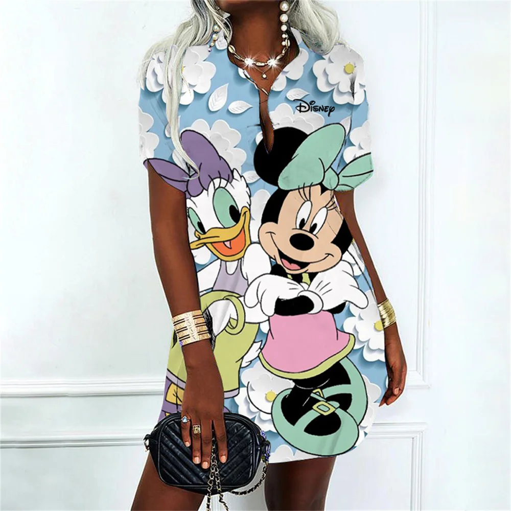 Korean Fashion Elegant Women\'s Dresses for Party 2024 Dress Polo Shirts Woman Clothes V-Neck Mickey Disney Y2k Minnie Mouse Sexy