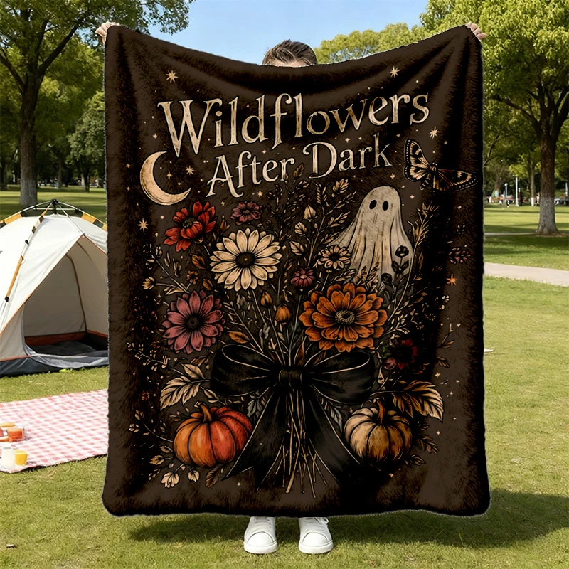 Wildflowers After Dark Comfy Blanket,  Halloween Flannel Blanket, Dark Floral Ghost Flannel Throw, Spooky