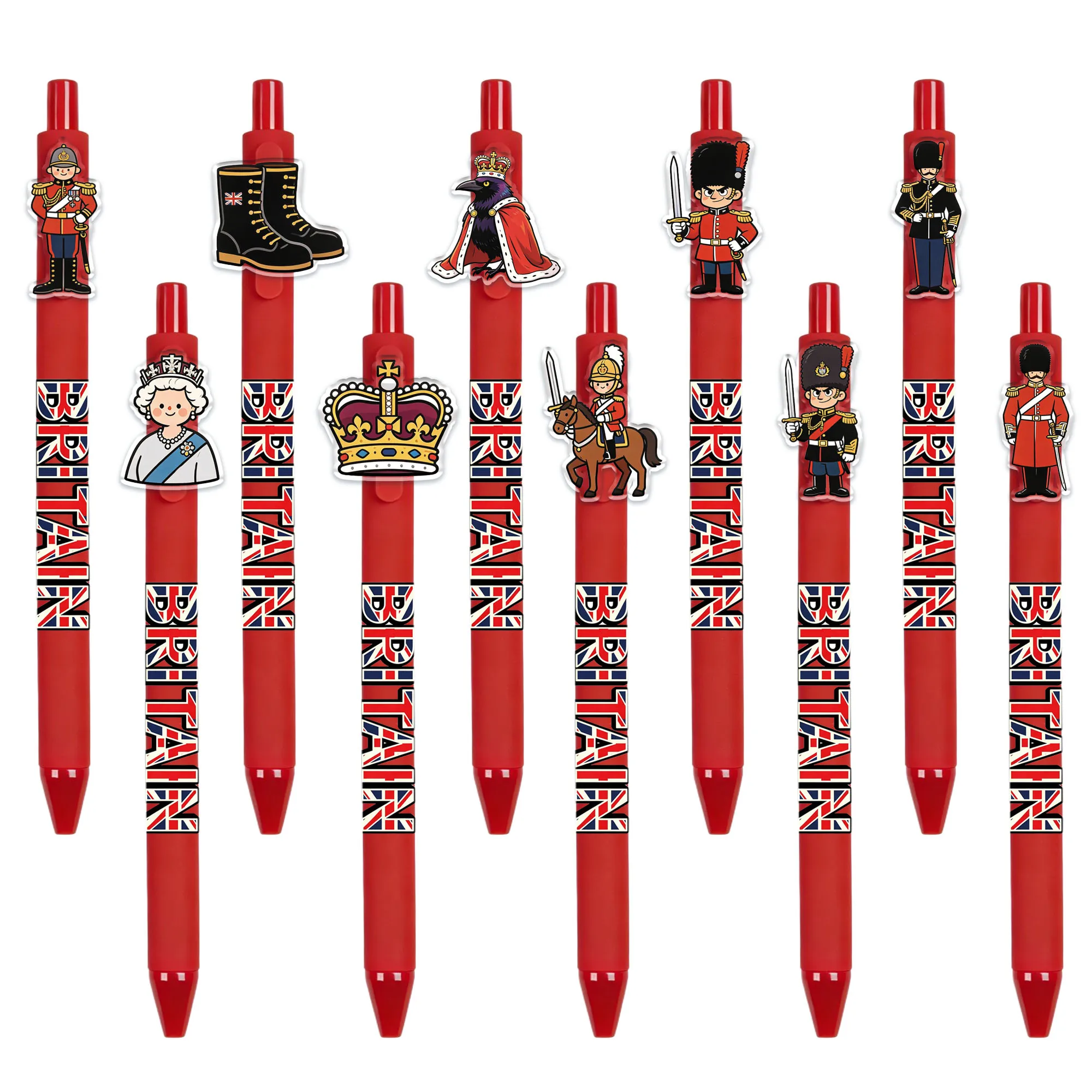 10pcs Creative Royal Army Theme Press Ball Pattern for Rotating Writing Smooth Black Ink Student Writing Gift Pen
