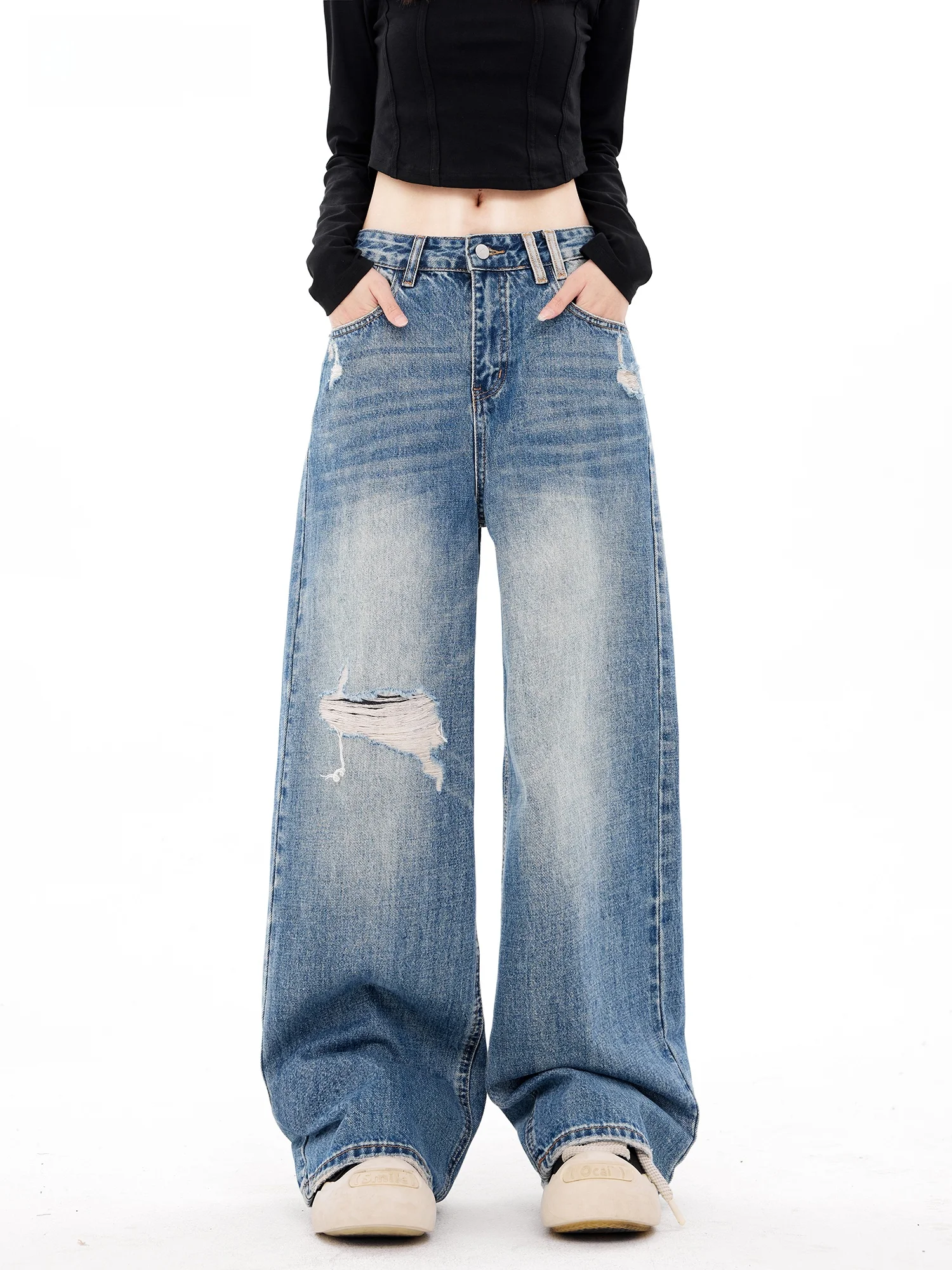 

Women's Loose Wide Leg Jeans EDX Asymmetric Ear Hanging Straight Leg Distressed Denim Casual Spring Summer New Arrival