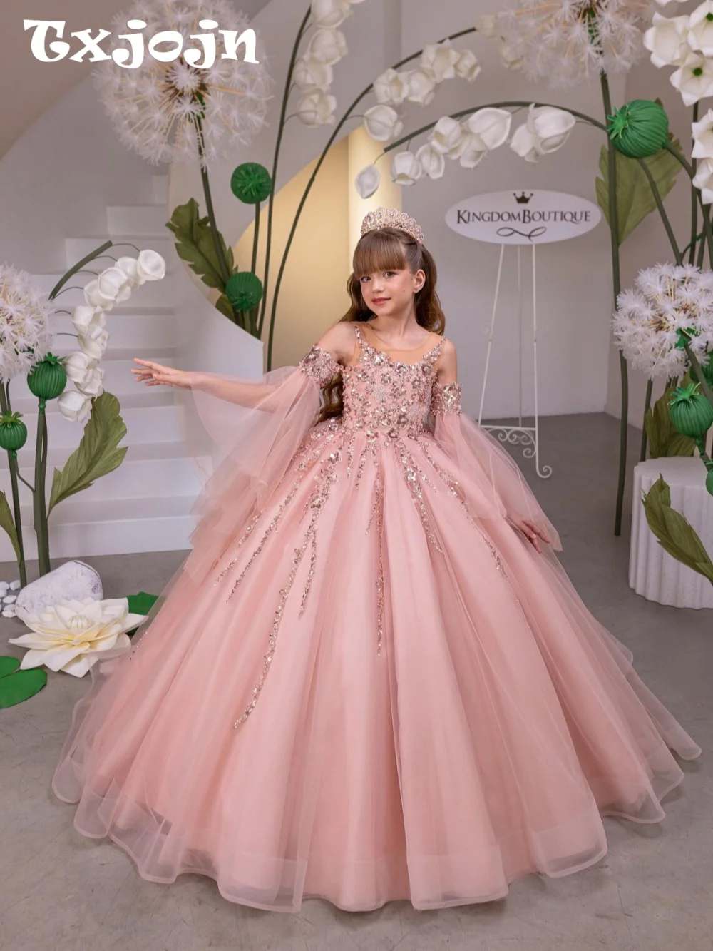 

Розовые платья с цветочным узором для девочек на свадьбу, роскошное пышное платье принцессы с открытыми плечами, наряд для дня рождения, милое элегантное детское платье