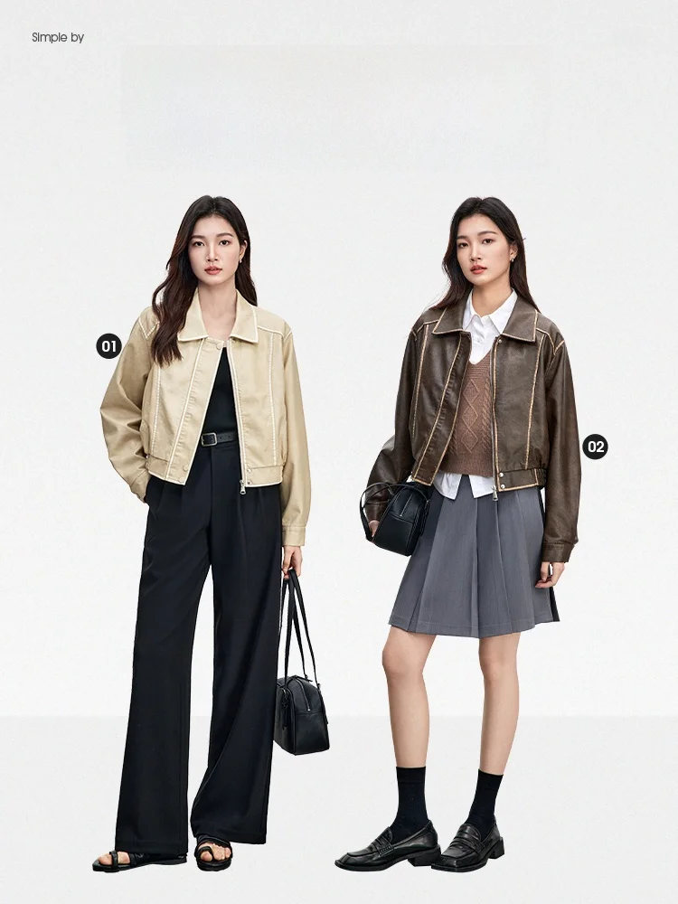 モダンなスレロングスベPUレザージャケット、2026年春、ゆったりフィット、ジッパー開閉、スリム効果、ファッショナブルなアウターウェア