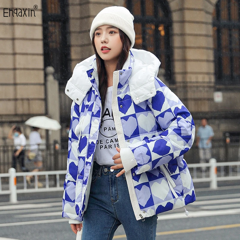 

EHQAXIN Winter Women's New Love Down Cotton Jackets 2024 Casual Loose Korean Fashion Print Thickened Thermal Hooded Coats S-2XL