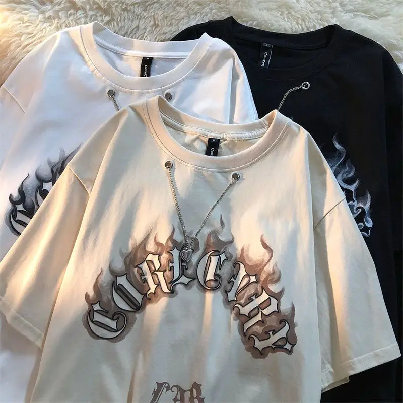 Dark Gothic Letter Creative Graphic T Shirts Men Women Cool Love Chain Fashion Street Kawaii Clothes Summer Cotton Loose Casual