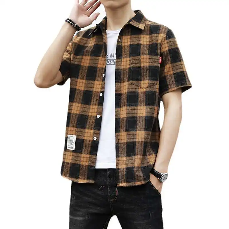 

Свободный клетчатый ort Sve irt для подростков, молодежный летний хлопок, однотонный воротник, застежка-молния, подставка, повседневная одежда