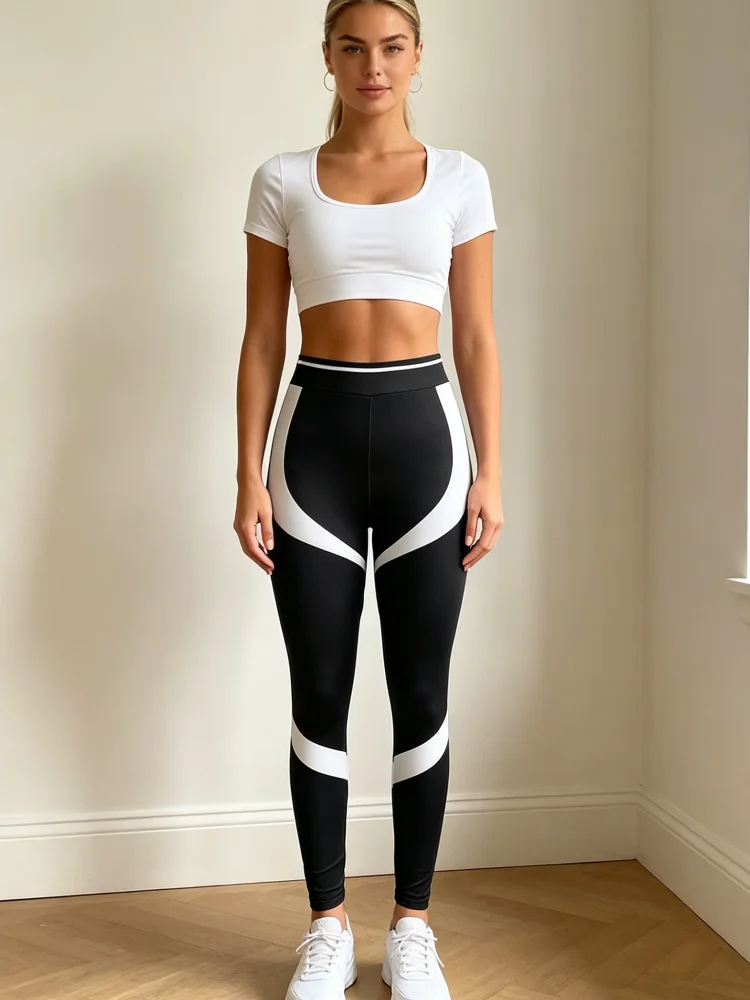 Women High Waist Color Block Leggings Elastic Waist Slim Fit Stretch Sports Running Yoga Workout Skinny Pants