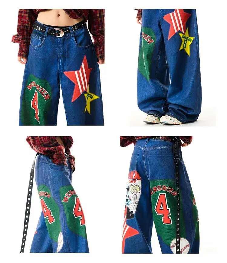 Pantalones vaqueros con estampado de parches de contraste Retro para mujer, Pantalones rectos americanos de Spice Girl, pantalones de pierna ancha de baile callejero coreano 2025