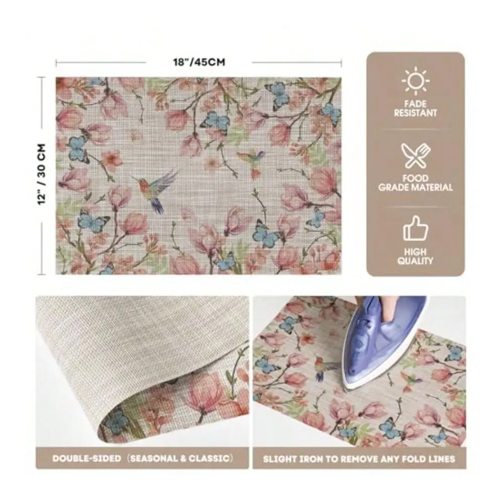 

Birds Flower Butterfly Placemats Set Of 4 12x18 Inch Plastic Woven Wipeable NonSlip PVC Place Mats For Party Kitchen Dining Dec