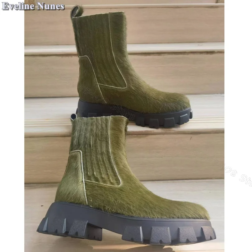 Green Fur Decor Knit Spliced Boots Wear Resistant Men Boots Thick Heels British Style Male Shoes Big Size 39-47 Zapatillas Mujer