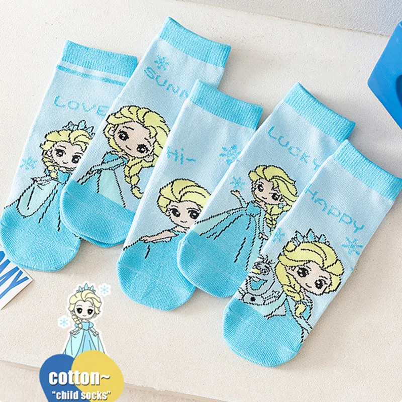 5 paia di calzini Disney Anime Frozen Calzini per bambini in cotone blu Elsa Kawaii 1-12 anni Calzini per ragazza principessa Regali per bambini