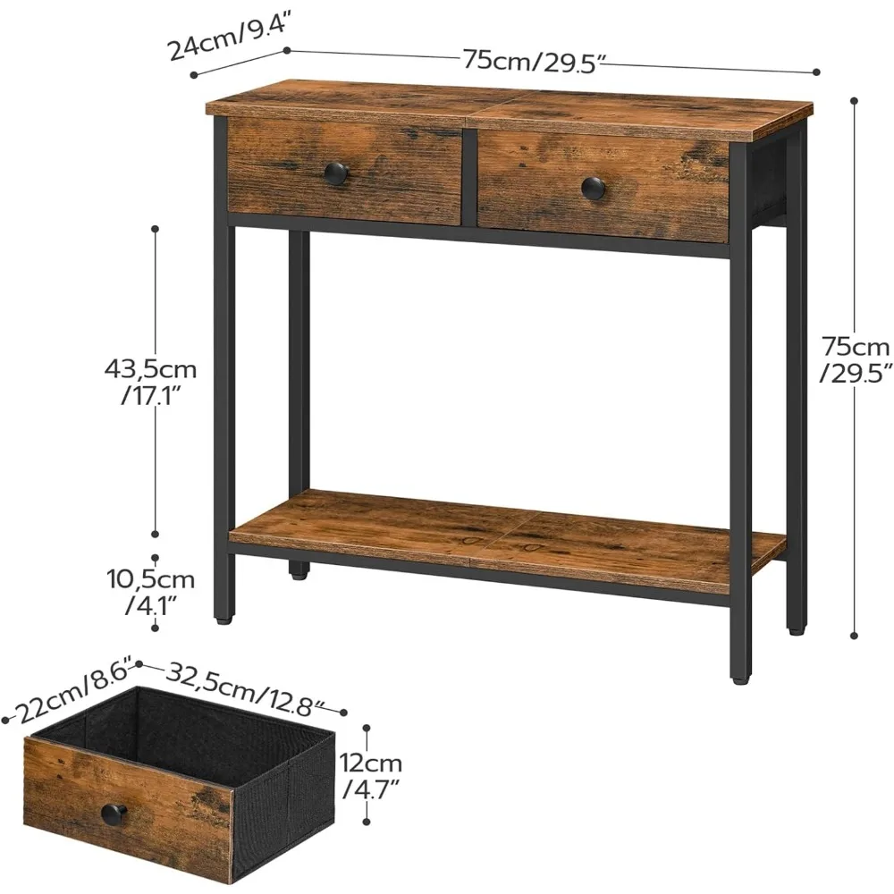 Mesa consola estrecha de 29,5 pulgadas con 2 cajones de tela, pequeña con mesa de entrada de 2 niveles estantes de almacenamiento, mesa de sofá