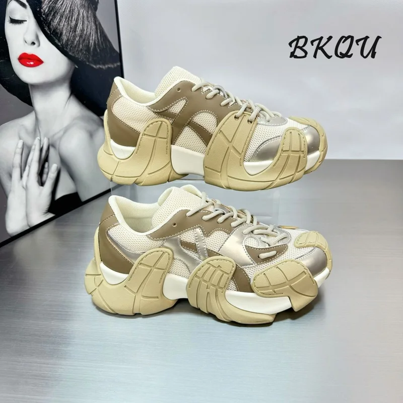 

BKQU Autumn New 2024 Mesh Surface Breathable Thick Soled Daddy Shoes Women's Casual Shoes Fashion Sports Shoes Match Color