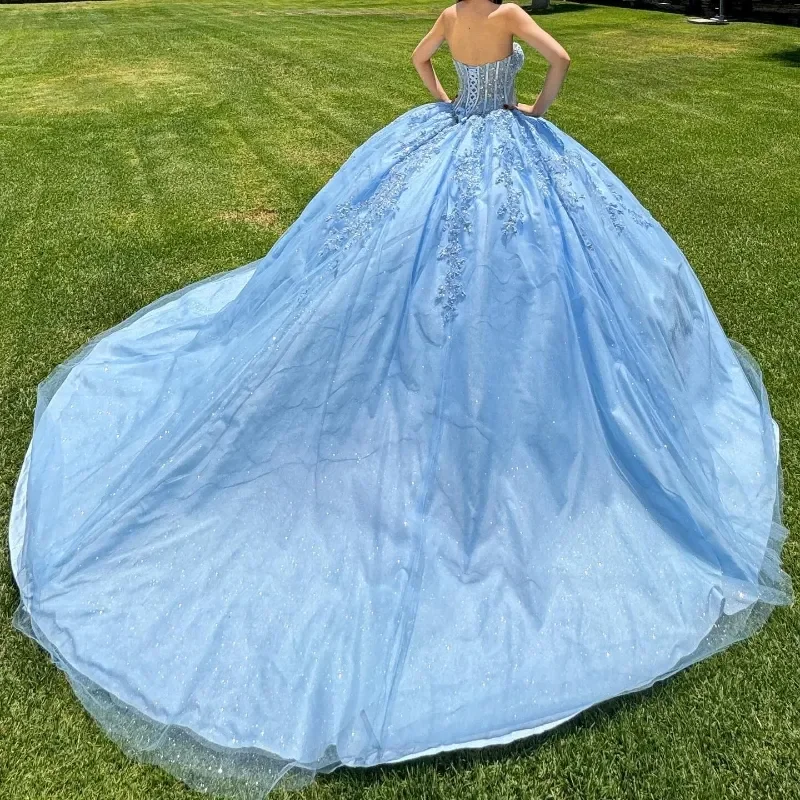 Glitter Light Blue เจ้าหญิง Quinceanera ชุดสวย Applique ประดับด้วยลูกปัดภาพลวงตา LACE-Up vestido de princesas Ball Gown ที่กําหนดเอง