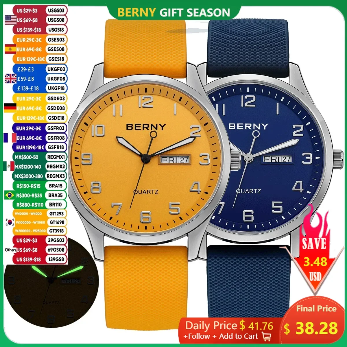 BERNY Men\'s Watches Luminous Calendar Week Quartz Men Watch Casual Soft Silicone Strap Easy Read Big Dial Sports Wristwatch