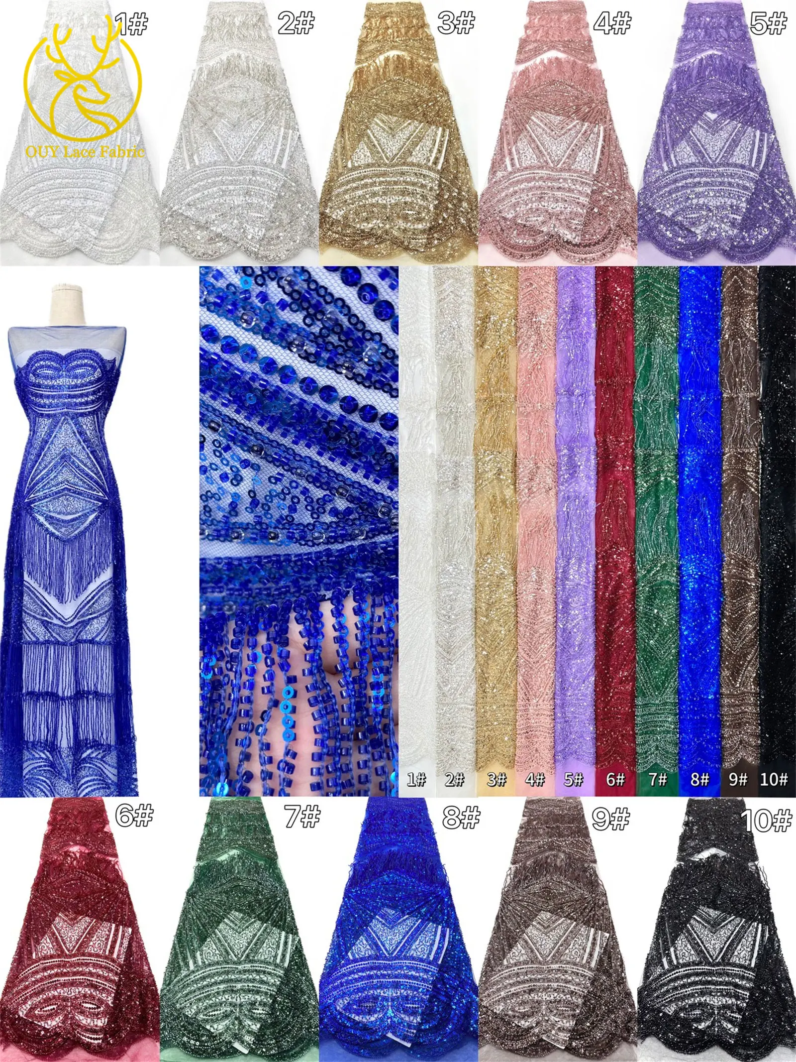 Königsblauer Afrikanischer 3D-Anhänger Perlenbesetzter Spitzenstoff 2026 Hochwertige Nigerianische Pailletten-Spitze für Brautkleider und Festkleider – Detail 3