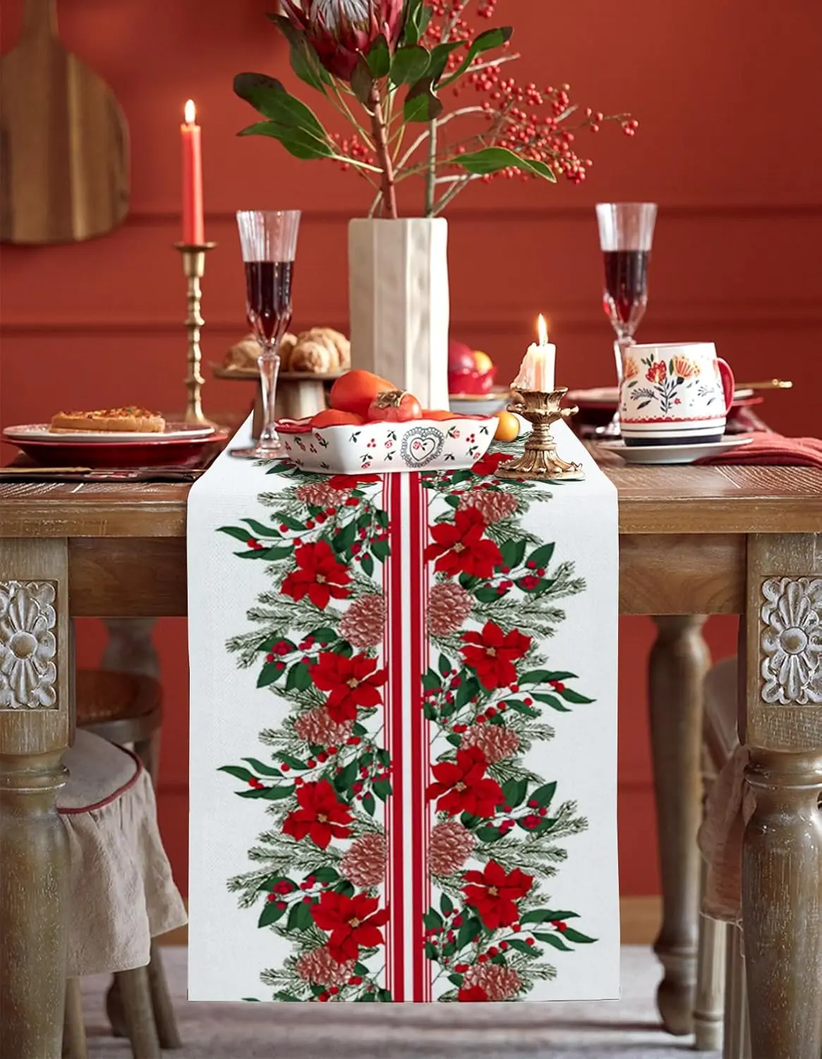 Christmas Poinsettia Pine Needles Pine Cones Linen Table Runner Party Decor Winter Flower Leaf Table Runners Navidad Decorations