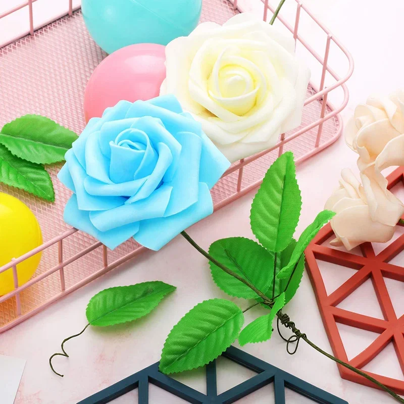 50Pcs Silk Leaf Green Artificial Leaves Bulk Fake Rose Wire Leaves Fabric Leaves For Bouquet Wreath DIY Craft Scrapbooking Decor